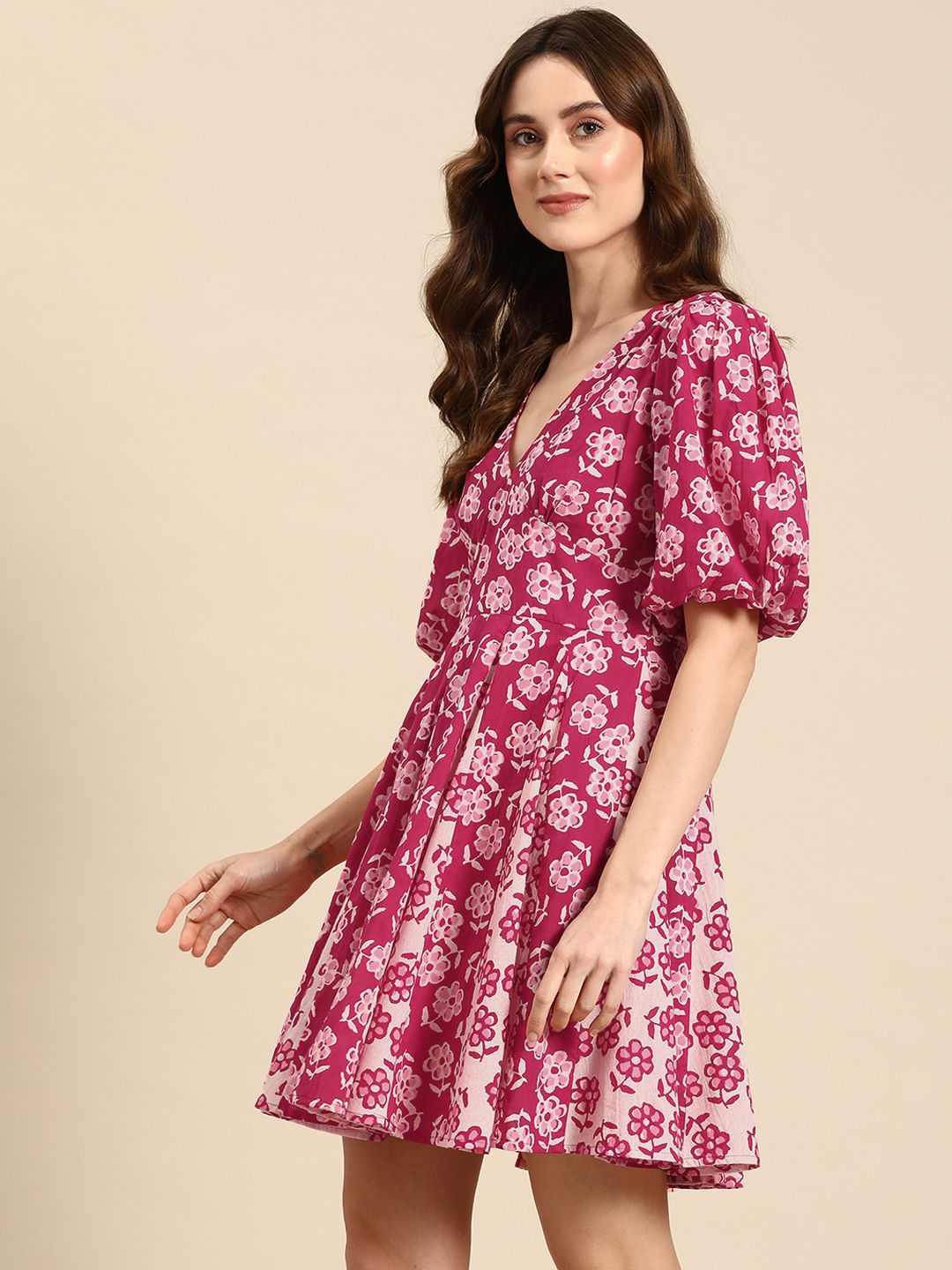 Dhiyona AY Women's Floral Print Puff Sleeves Fit & Flare Mini Dress