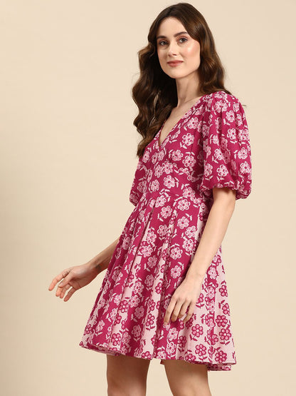 Dhiyona AY Women's Floral Print Puff Sleeves Fit & Flare Mini Dress