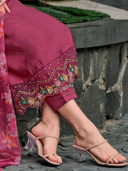 Floral Yoke Design Thread Work A-Line Kurta With Trousers & Dupatta