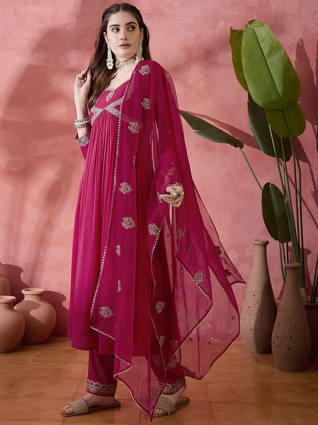 Maroon And Gold Pleated Zari rounnd Neck A-Line Kurta With Trousers And Dupatta