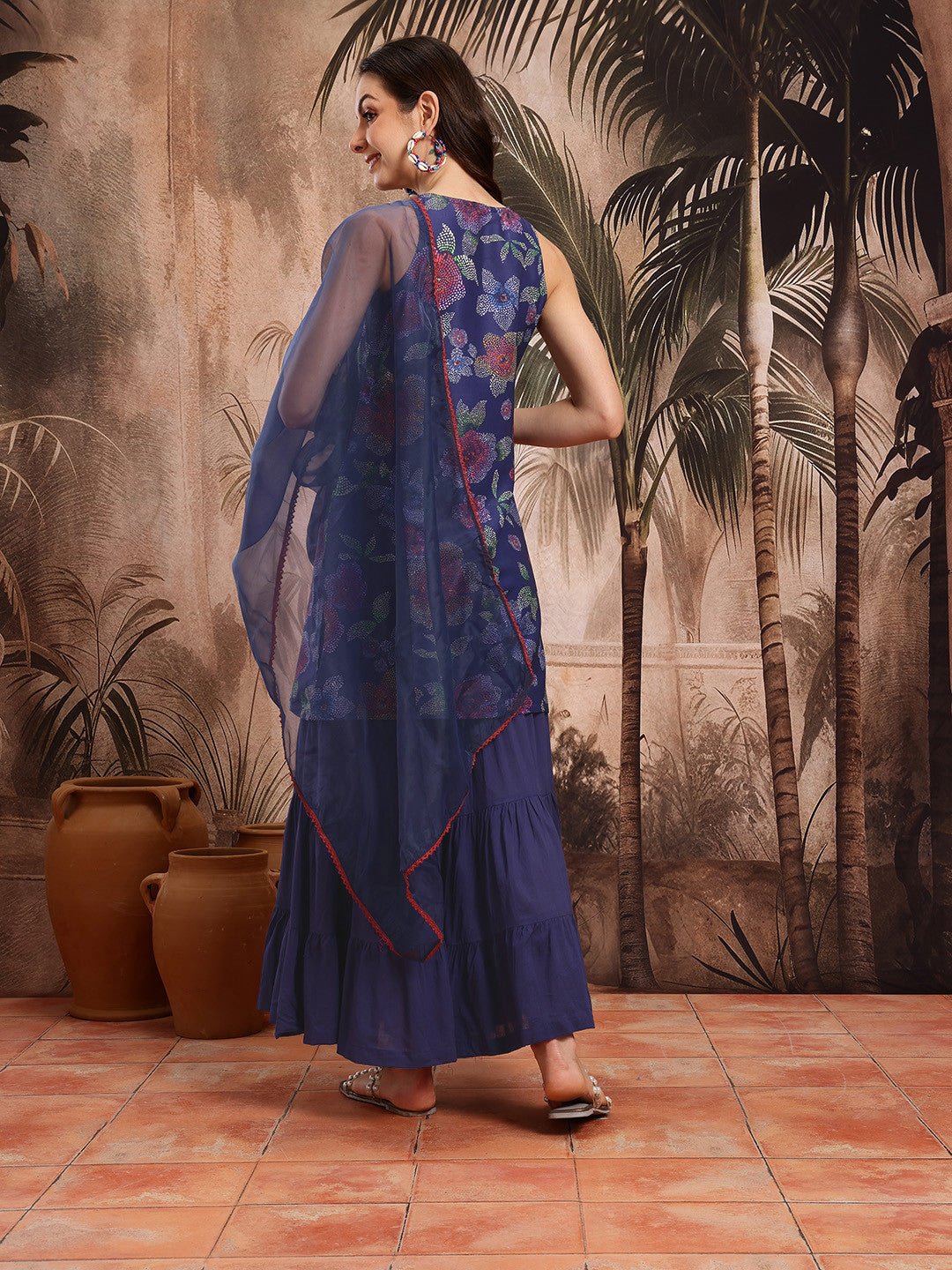 Floral Print Regular Pure Cotton Kurta with Sharara & Dupatta