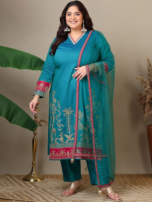 Dhiyona IN Women Ethnic Motifs Embroidered Regular Thread Work Kurta with Trousers & With Dupatta