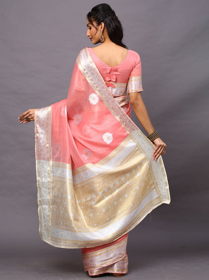 Women's Silk Cotton Pink Woven Design Woven saree With Blouse Piece
