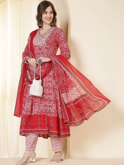 Women Ethnic Motifs Printed Empire Sequinned Pure Cotton Kurta with Trousers & With Dupatta