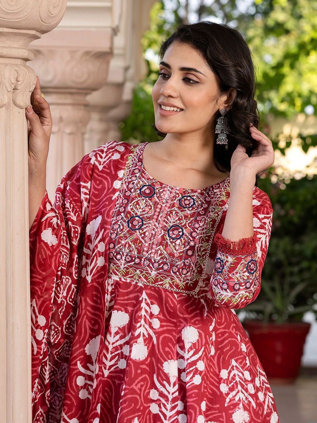 Dhiyona KL Floral Printed Mirror Work Pure Cotton Anarkali Kurta With Trouser & Dupatta