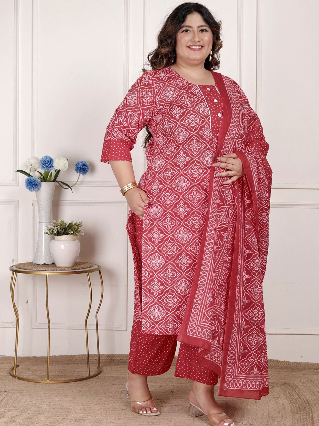Dhiyona KL Bandhani Print Beads & Stones Pure Cotton Plus Size Kurta with Trousers & Dupatta
