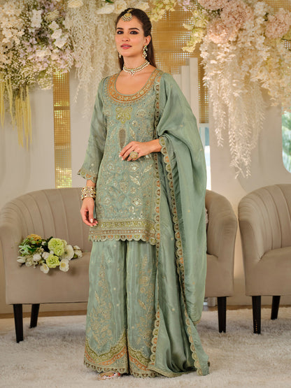 Women Ethnic Motifs Embroidered Regular Mirror Work Kurta with Sharara & With Dupatta
