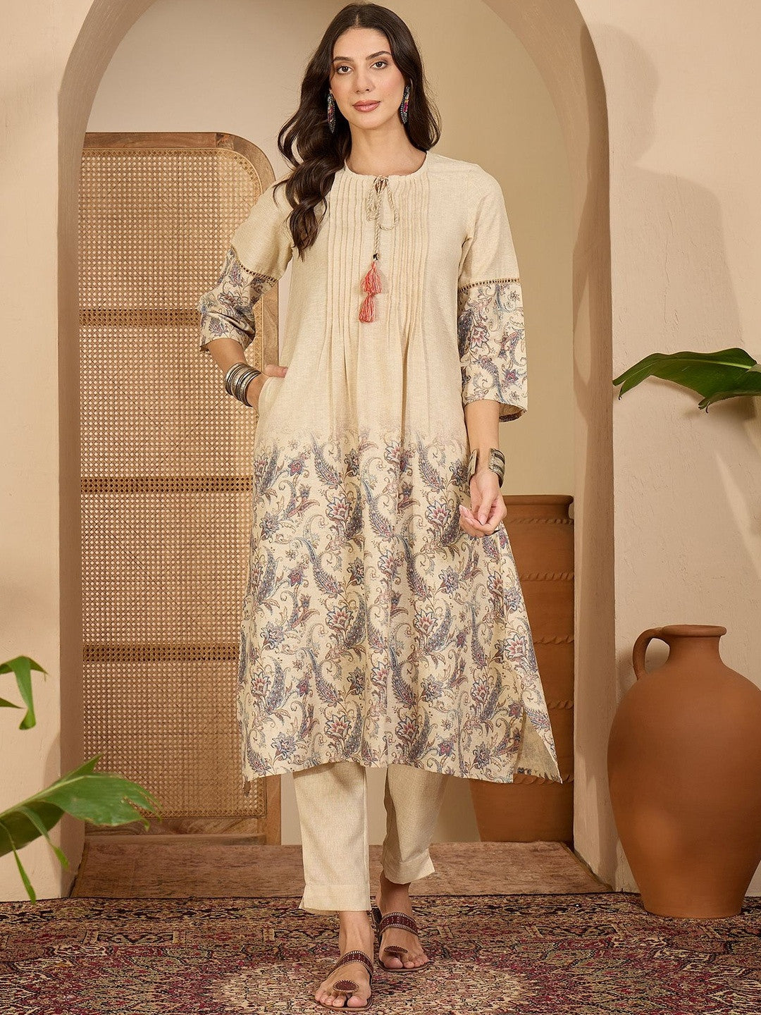 Floral Printed Round Neck A-Line Kurta & Trousers