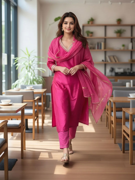 Dhiyona KL Women Pink Rayon Blend Solid Straight Kurta Set With Dupatta