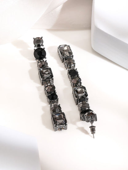 Dhiyona RJ Women's Gunmetal-Plated Black Zicronia Stone Long Dangle Earrings