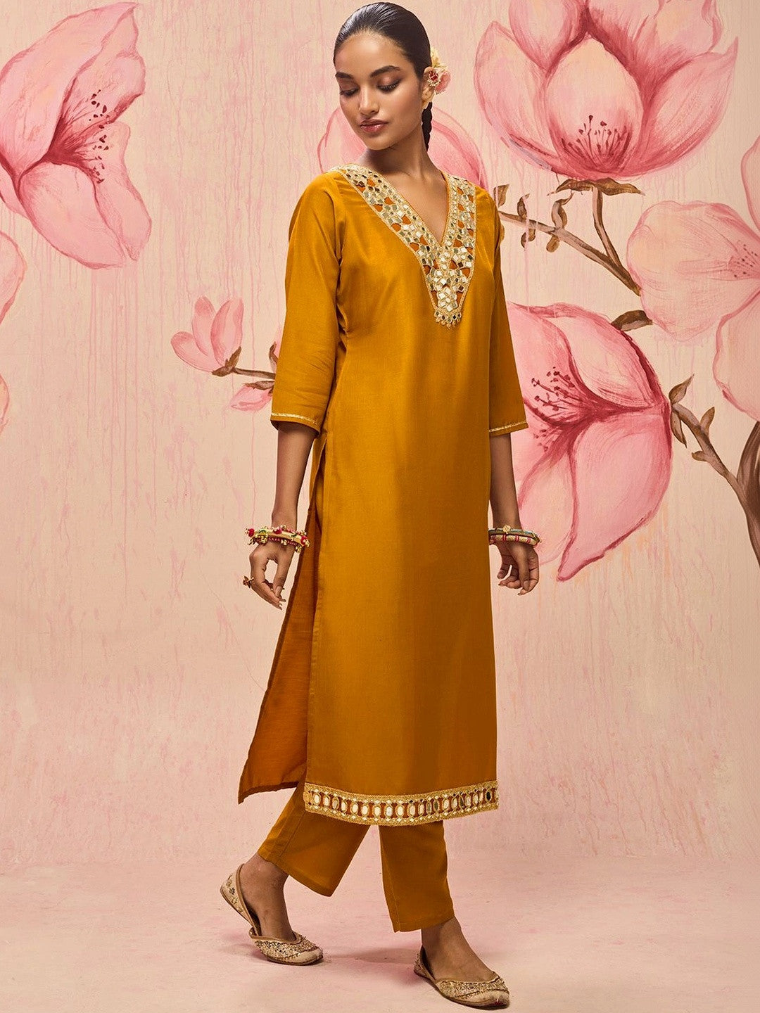Mustard Mirror Work Yoke Design Straight Kurta Set
