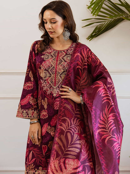 Floral Printed Straight Thread Work Kurta With Palazzos & Dupatta