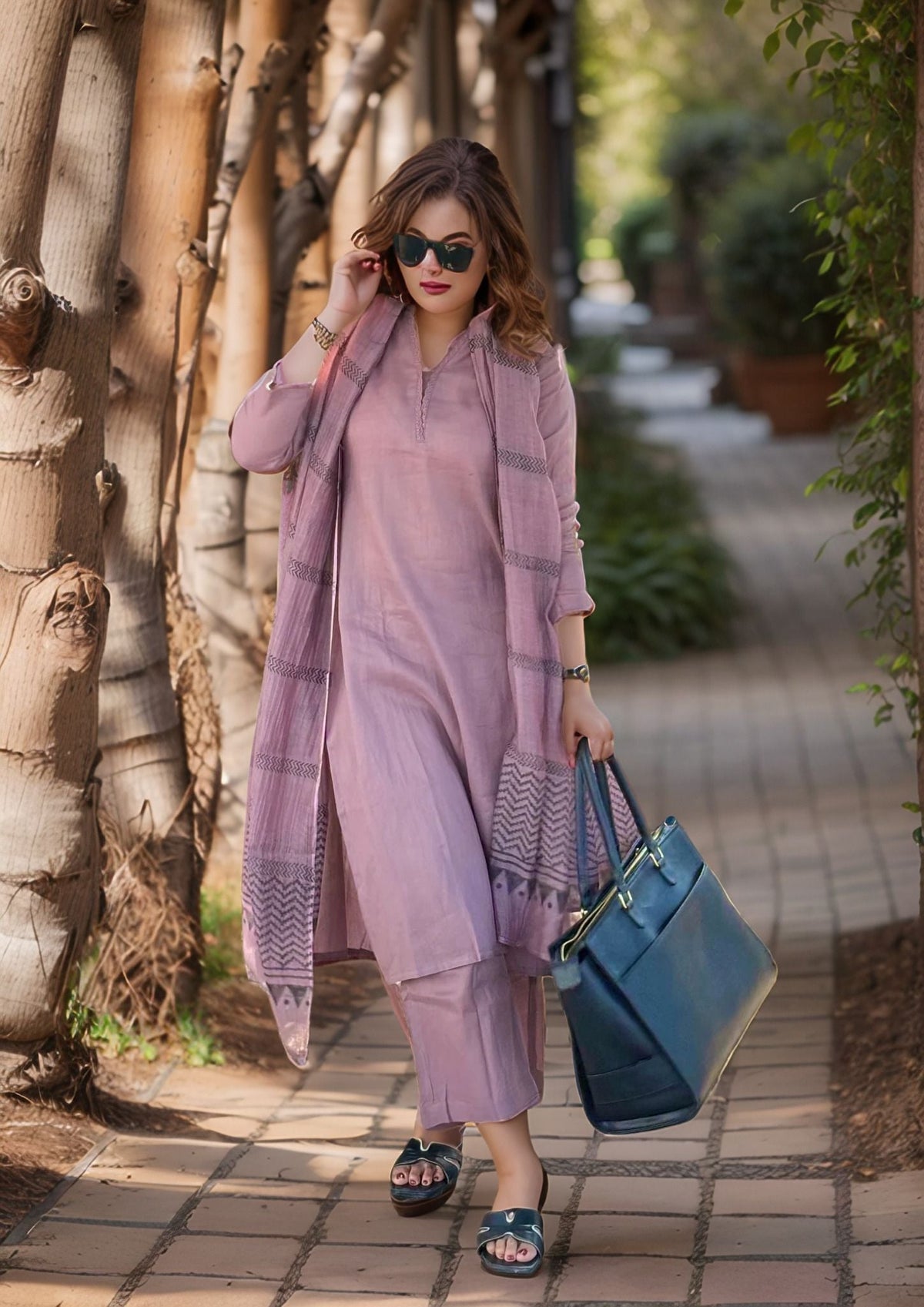 Dhiyona KL V-Neck Straight Kurta With Palazzos And Dupatta