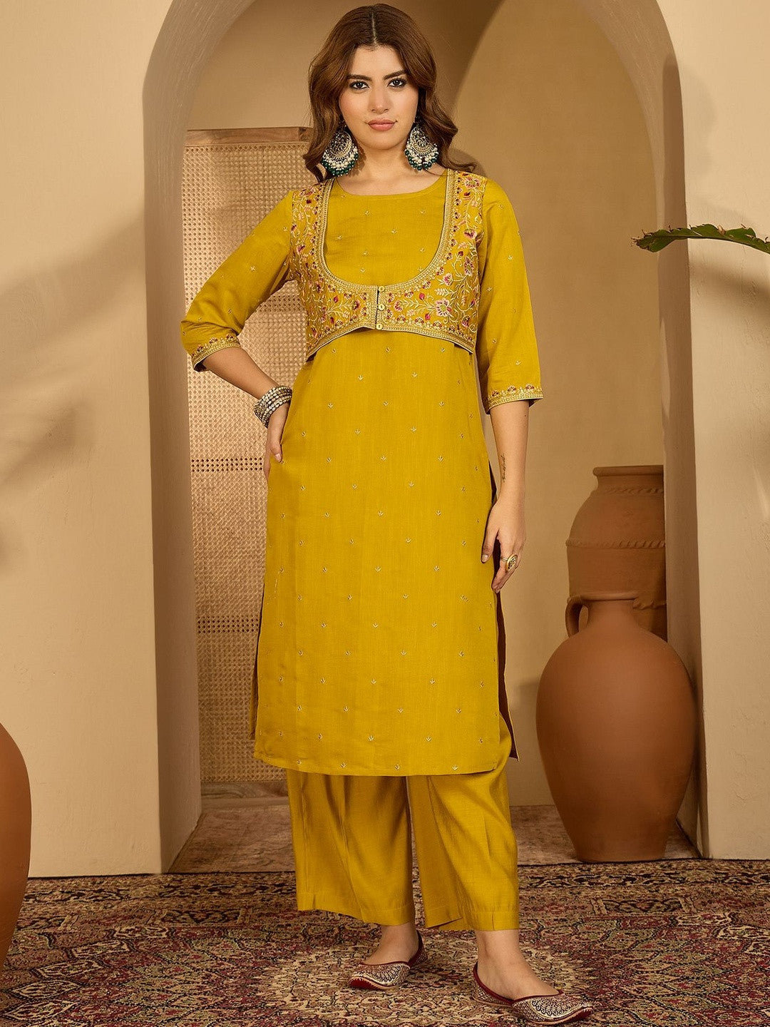 Women Mustard Embroidered Kurta Sets With Dupatta