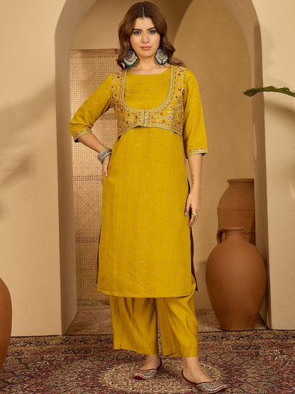 Women Mustard Embroidered Kurta Sets With Dupatta