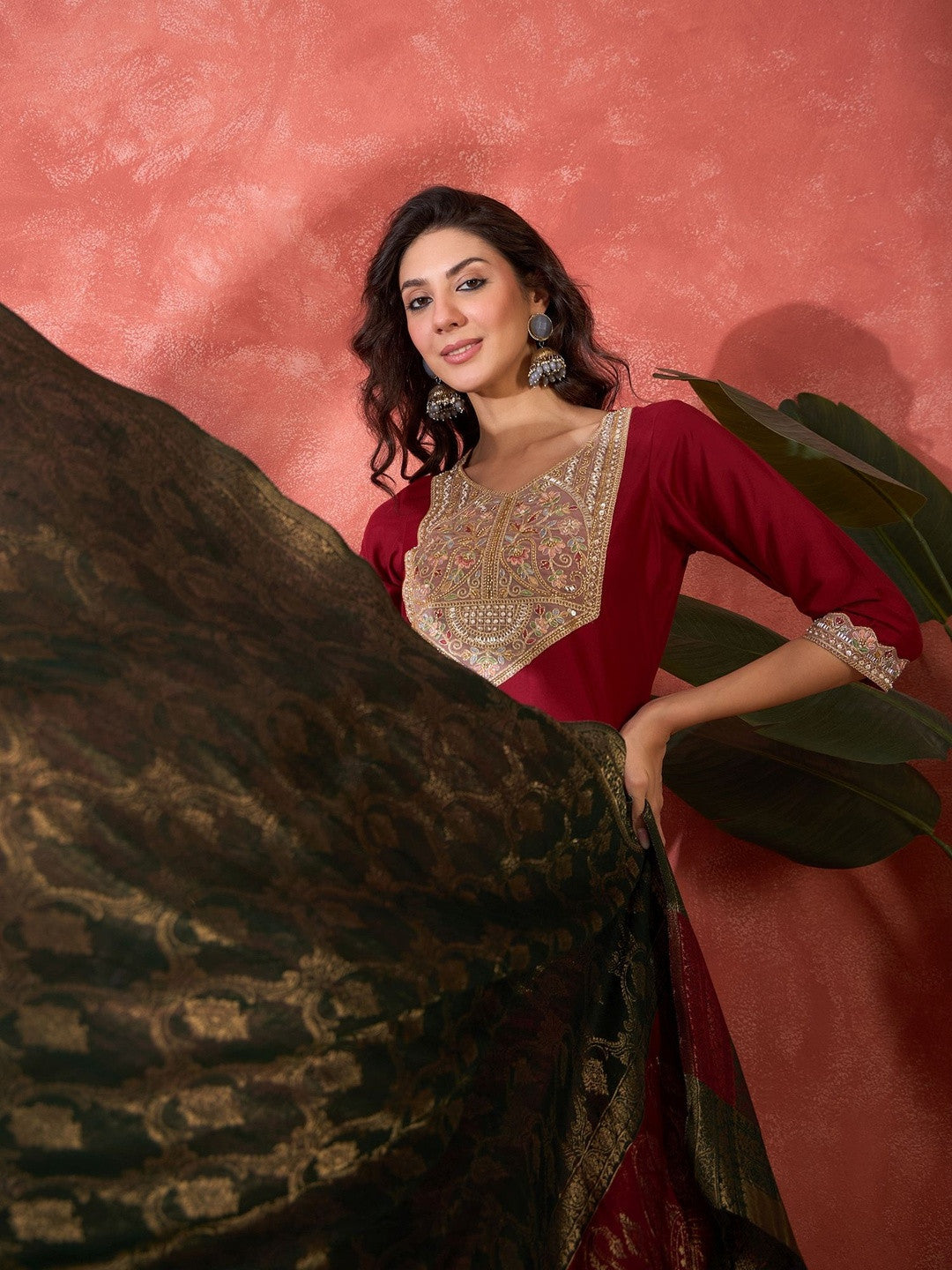 Floral Embroidered V-Neck Sequinned Kurta With Palazzos & Dupatta
