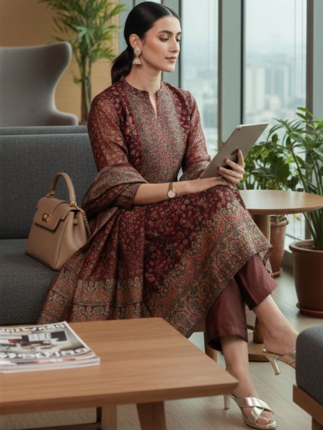 Maroon Women Ethnic Motifs Printed Regular Chanderi Silk Kurta with Trousers & With Dupatta