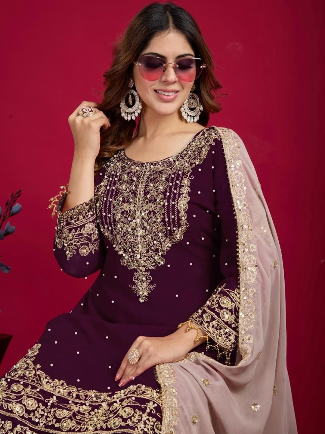 Dhiyona KL Women Embroidered Regular Sequinned Kurta with Sharara & With Dupatta