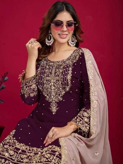 Dhiyona KL Women Embroidered Regular Sequinned Kurta with Sharara & With Dupatta