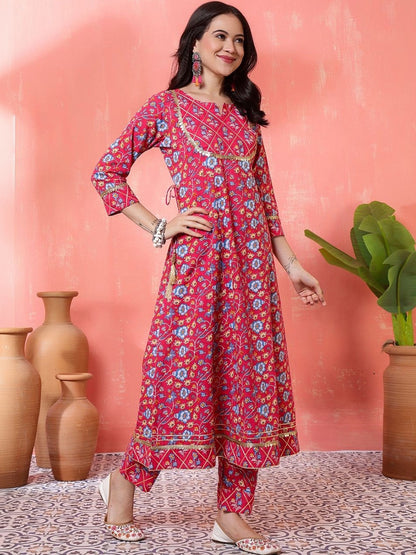 Embroidered Pure Cotton Round Neck Kurta & Palazzos Kurta Sets