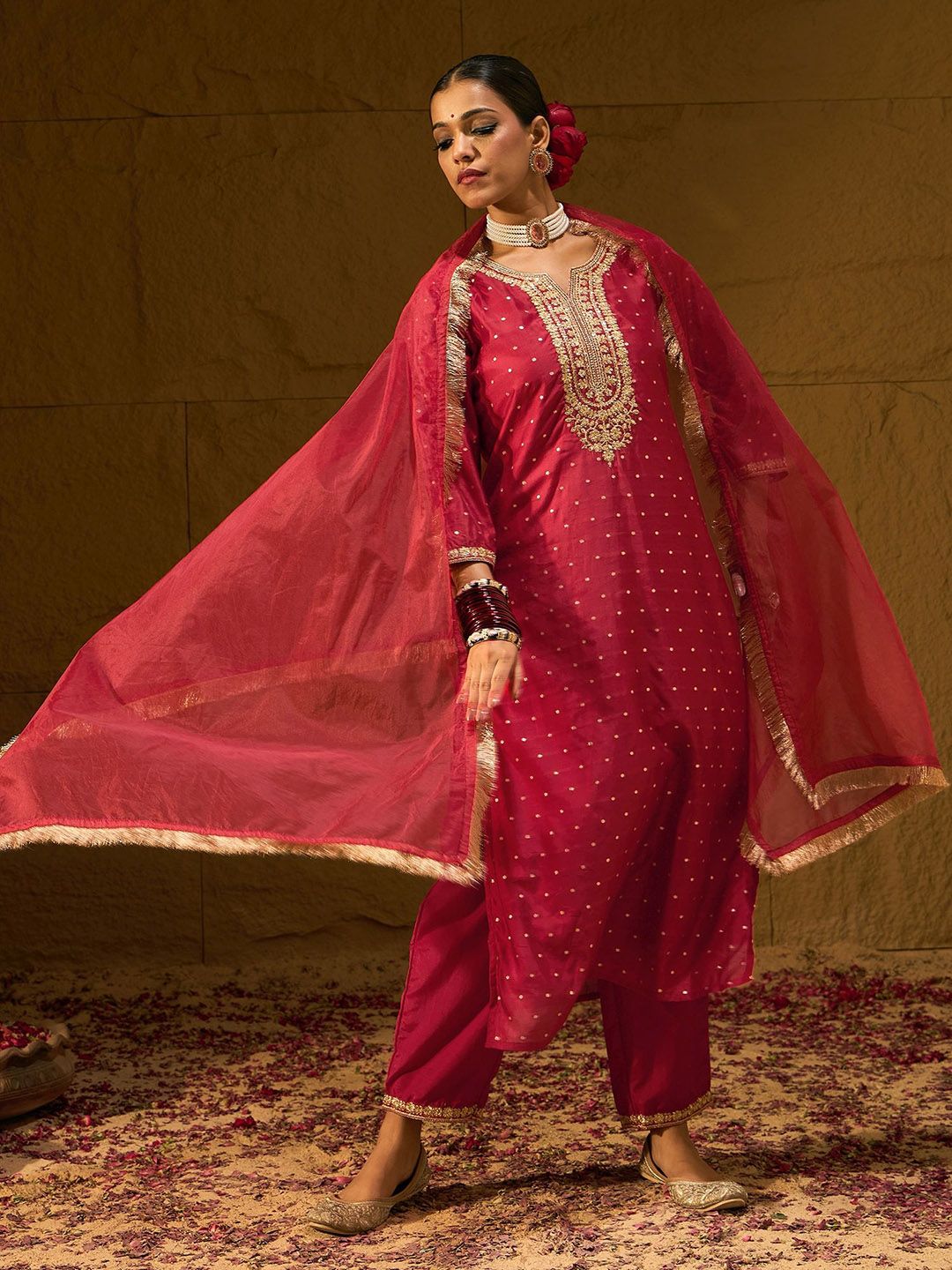 Dhiyona IE Red Embroidered Chanderi Silk Straight Zari Kurta With Trousers & Dupatta