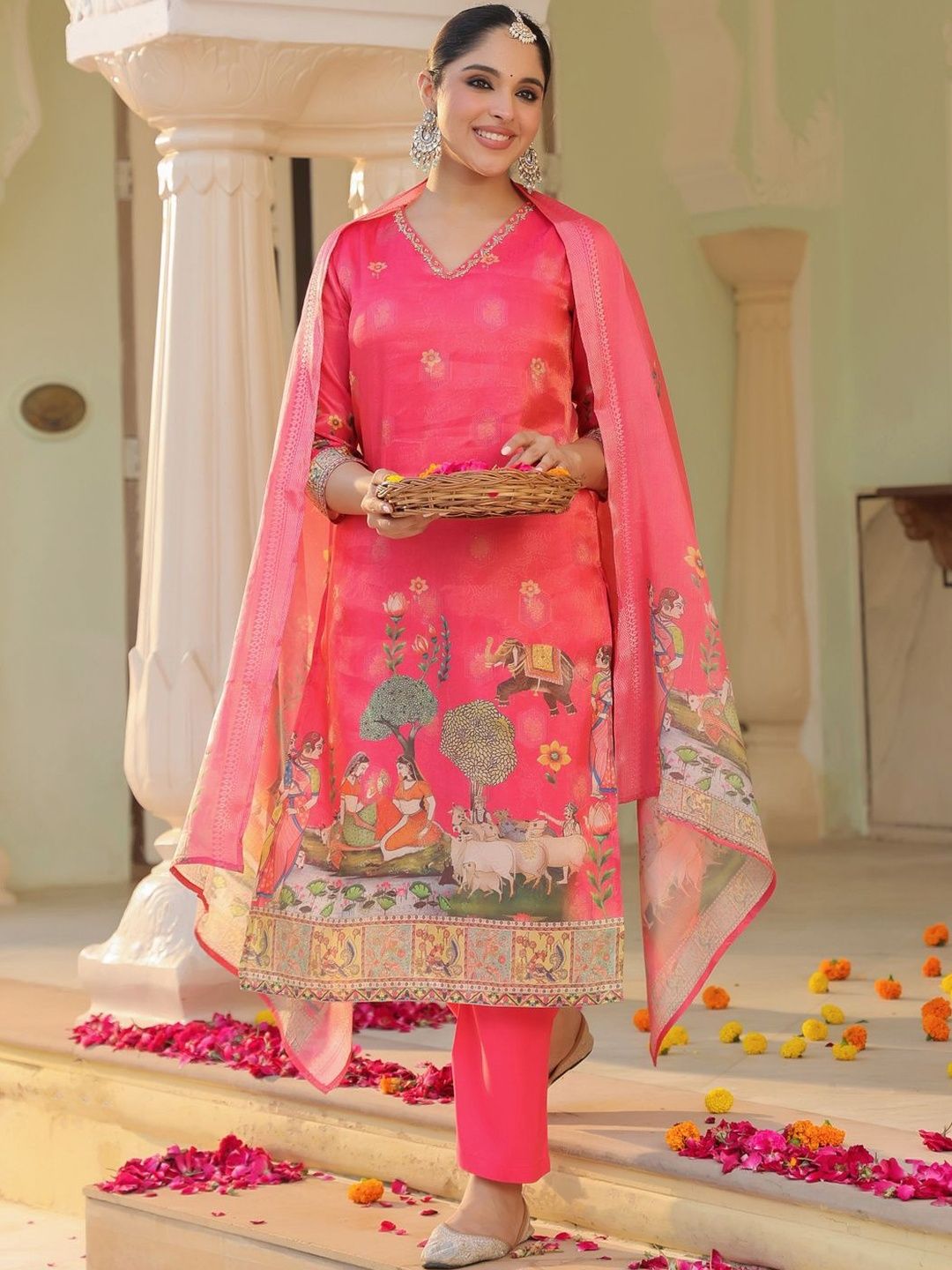 Dhiyona RR Women's Printed Regular Chanderi Cotton Kurta with Trousers & Dupatta