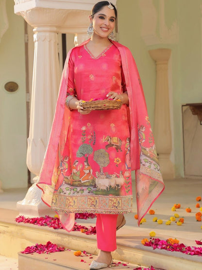 Dhiyona RR Women's Printed Regular Chanderi Cotton Kurta with Trousers & Dupatta