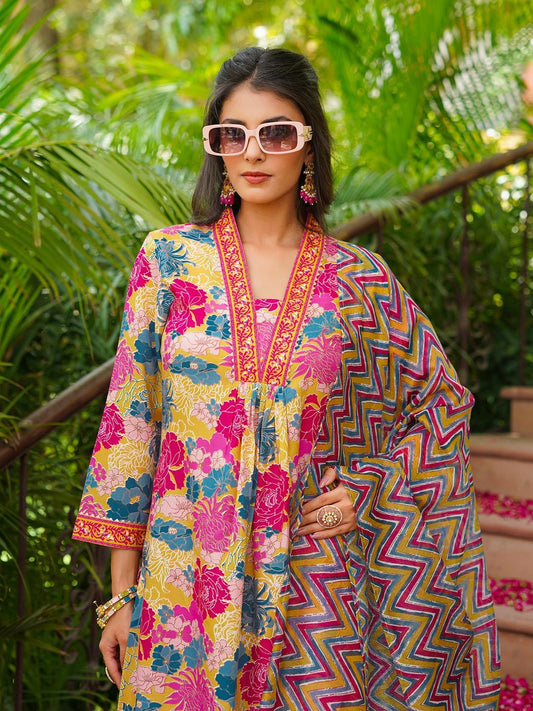 Dhiyona KL Floral Printed Pleated A-Line Kurta With Palazzos & Dupatta