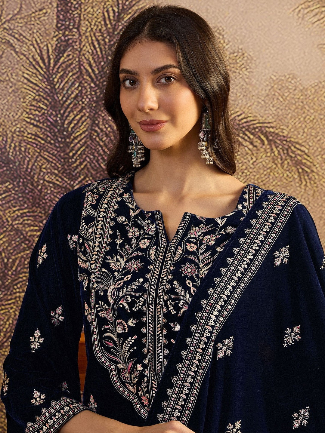 Winter Heavy Embroidered Ethnic velvet Kurta Trousers & Dupatta