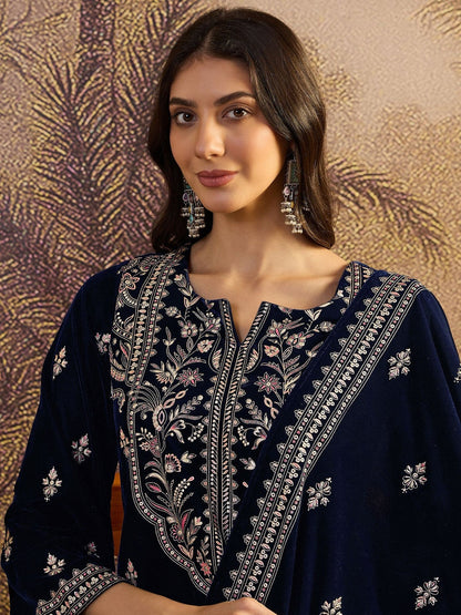 Winter Heavy Embroidered Ethnic velvet Kurta Trousers & Dupatta