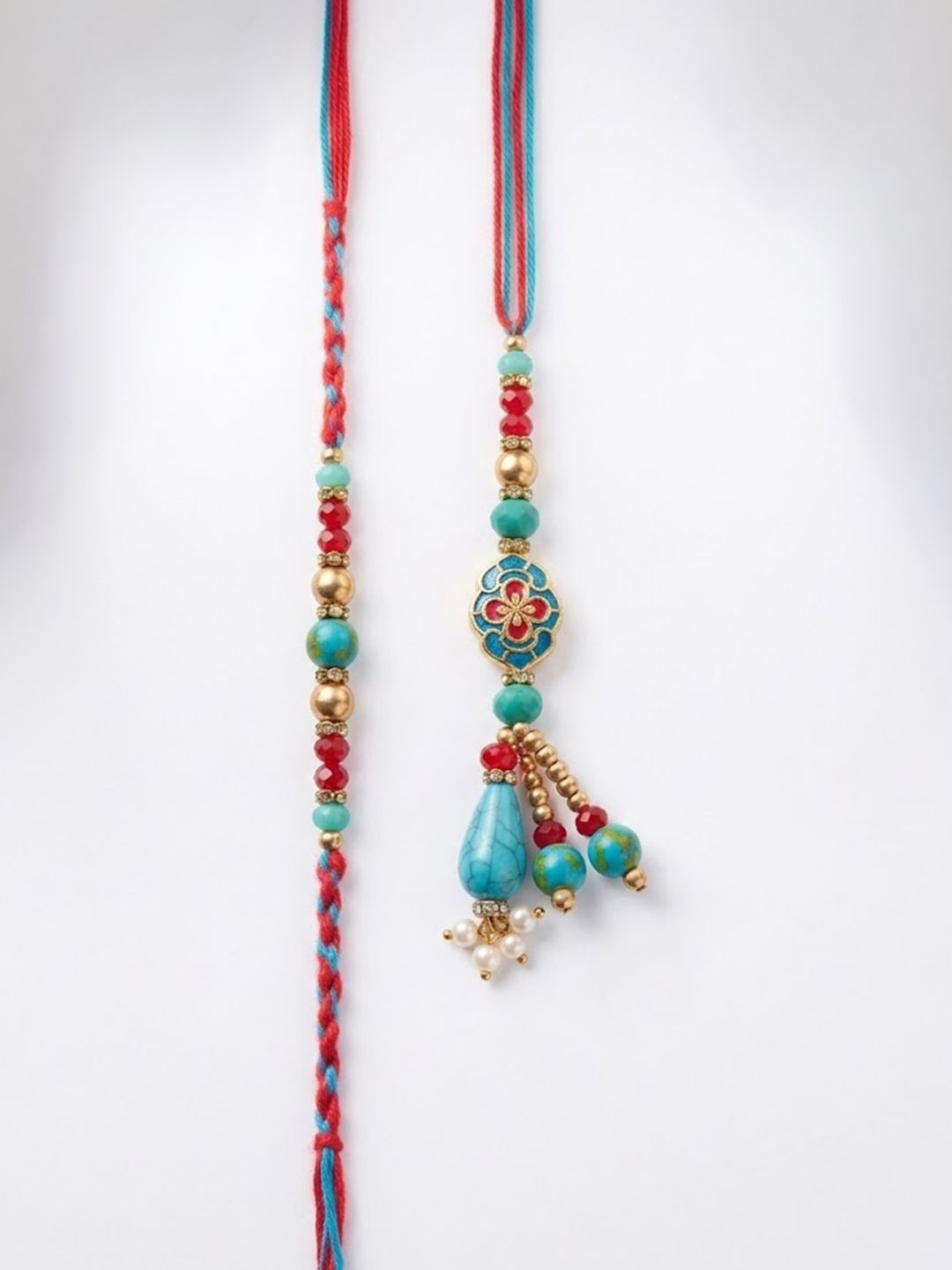 Dhiyona Set Of 2 Multicolor Artificial Beads Bhaiya Bhabhi Thread Rakhi With Roli Chawal