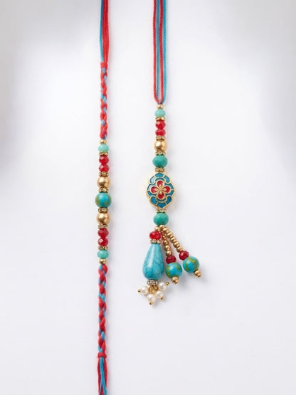 Dhiyona Set Of 2 Multicolor Artificial Beads Bhaiya Bhabhi Thread Rakhi With Roli Chawal