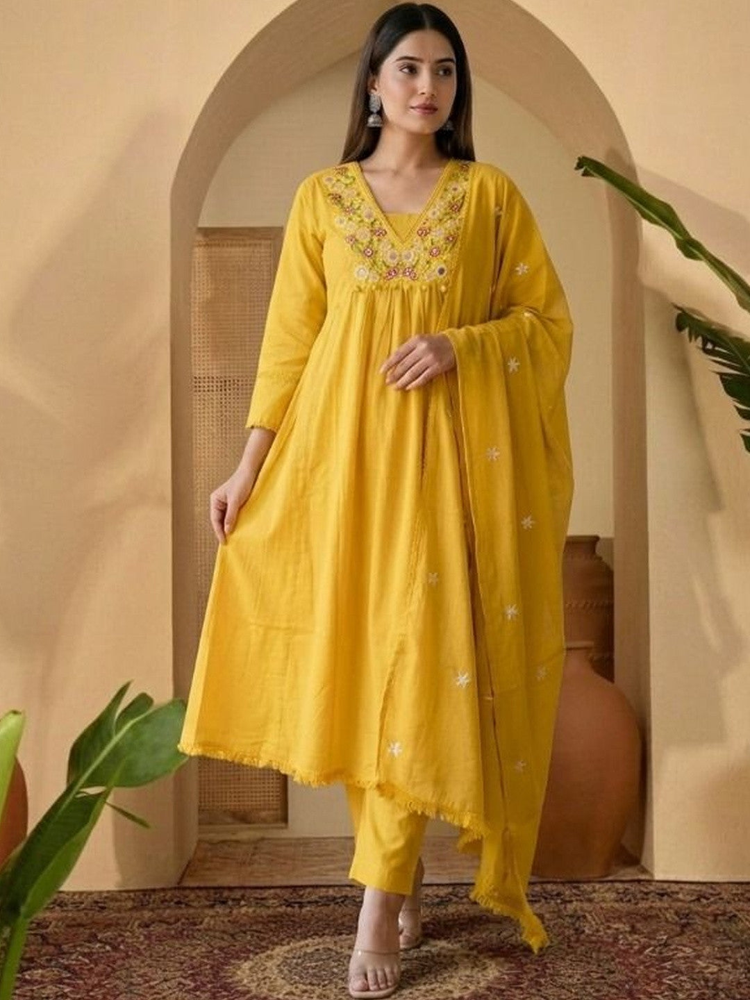 Embroidered Pure Cotton V-Neck Kurta & Trousers With Dupatta