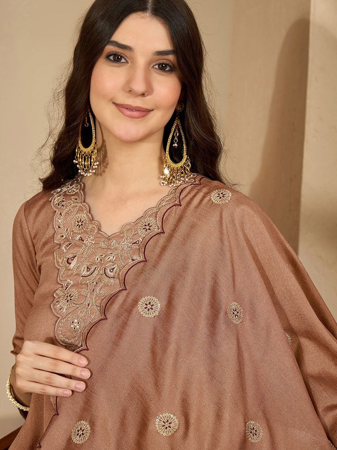 Embroidered V-Neck Kurta & Dhoti Pants With Dupatta