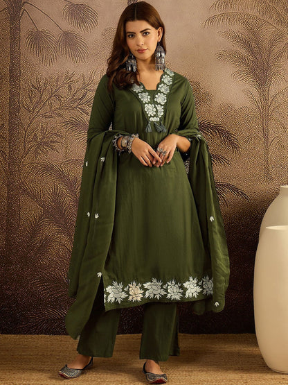 Embroidered Cotton Kurta with Trousers & Dupatta Set