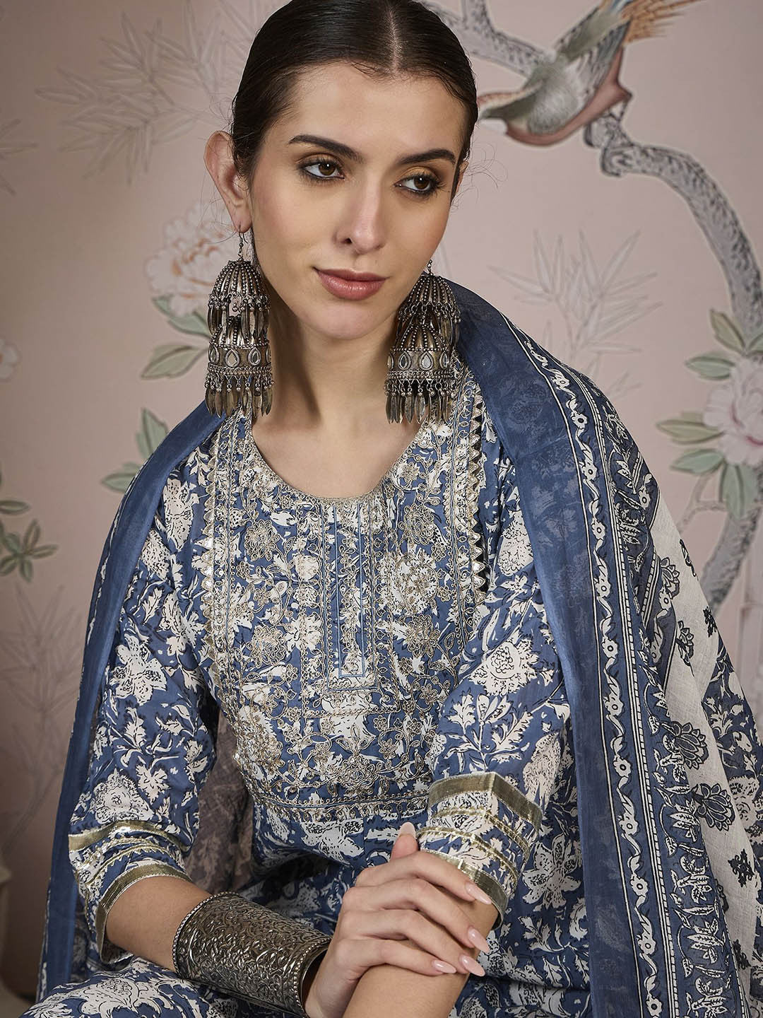 Floral Printed Zari Pure Cotton A-Line Kurta With Trousers And Dupatta