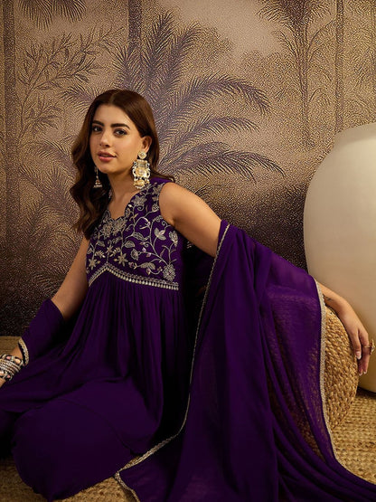 Dhiyona SN Embroidered V-Neck A-Line Kurti & Palazzos With Dupatta