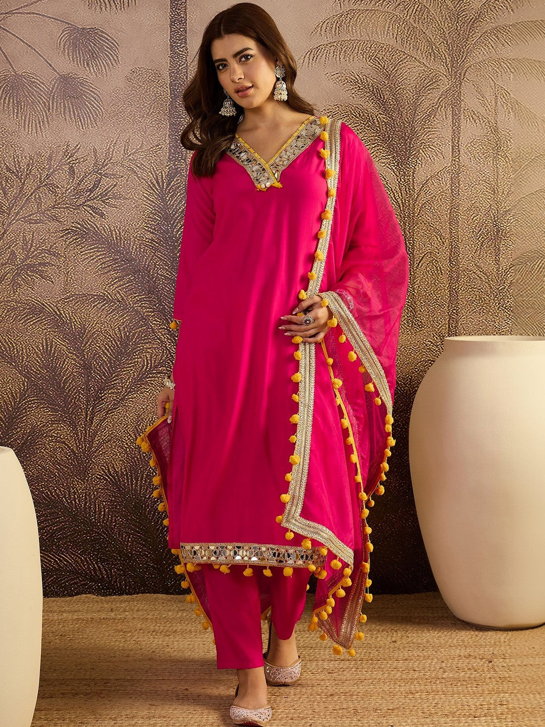 Embroidered V-Neck Kurta & Trousers Kurta Set