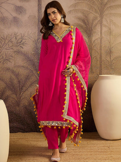 Embroidered V-Neck Kurta & Trousers Kurta Set