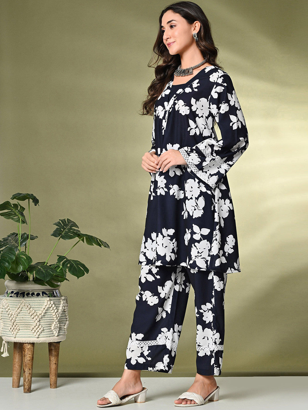 Black Floral Printed A-Line Kurta With Trousers