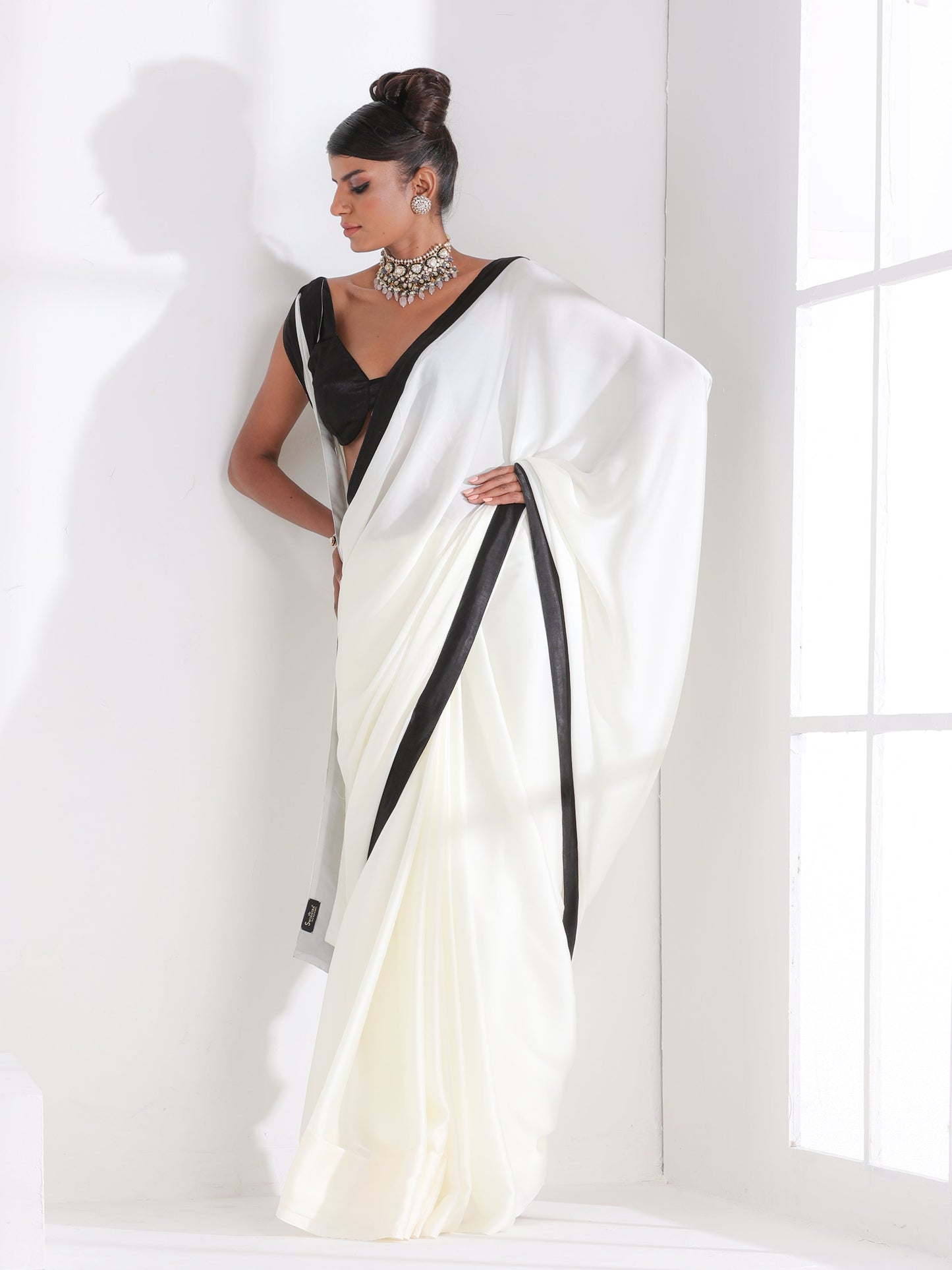 Dhiyona ST Magnolia Cream Satin Saree with Black Posh Border & Blouse Fabric