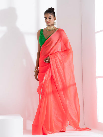 Dhiyona ST Watermelon Pink Chiffon Saree with Lace and Green Posh Blouse Fabric