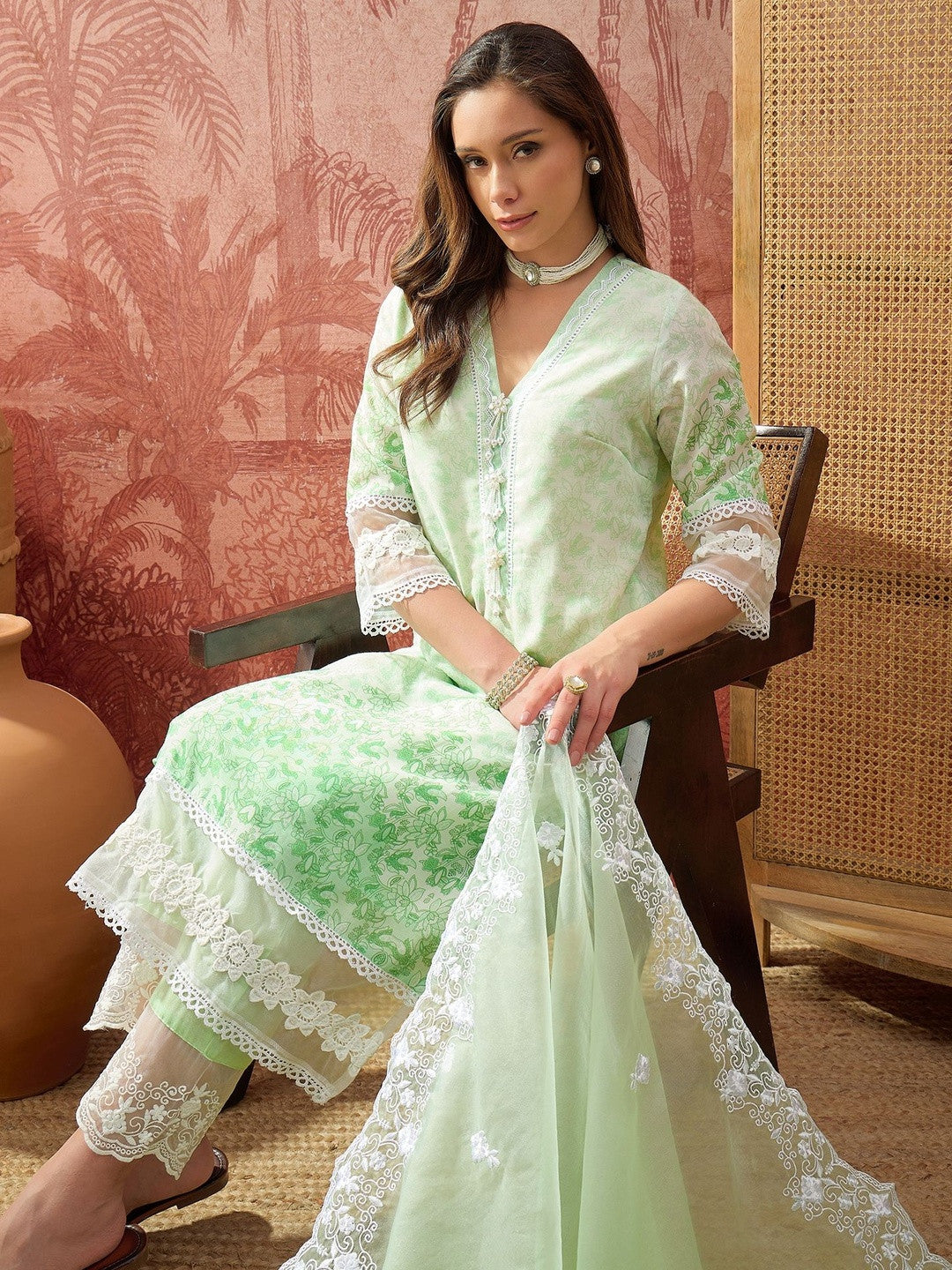Printed V-Neck Kurta & Trousers with Dupatta