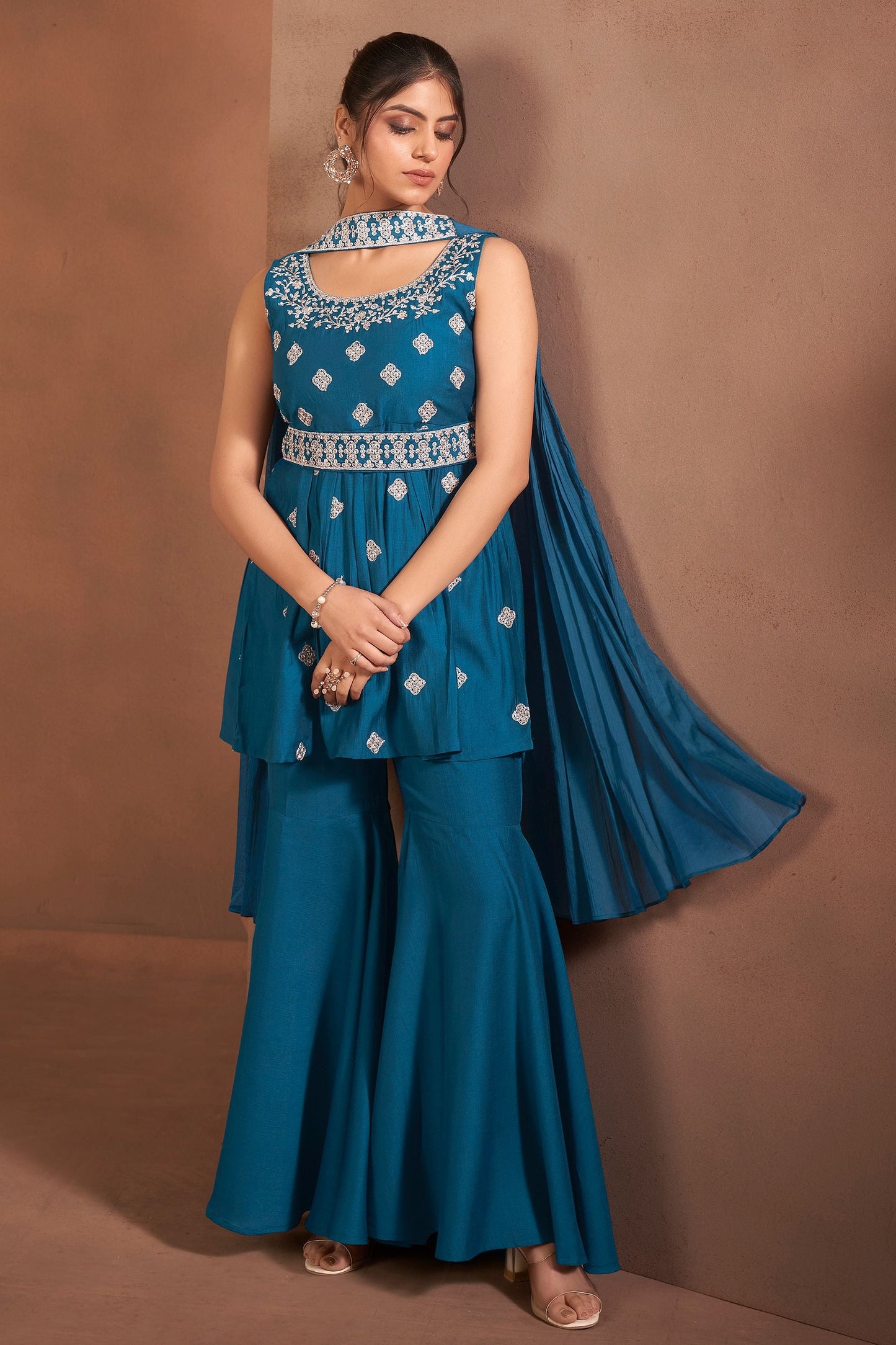 Dhiyona AN Floral Embroidered Thread Work Raw Silk Kurta With Sharara And Dupatta