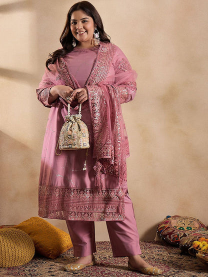 Dhiyona IN Floral Embroidered Sequinned Straight Kurta with Trouser & Dupatta