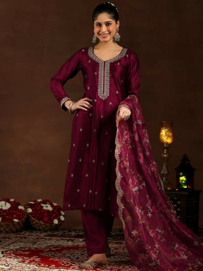 Women's LB Maroon Embroidered Silk Blend Straight Suit With Dupatta