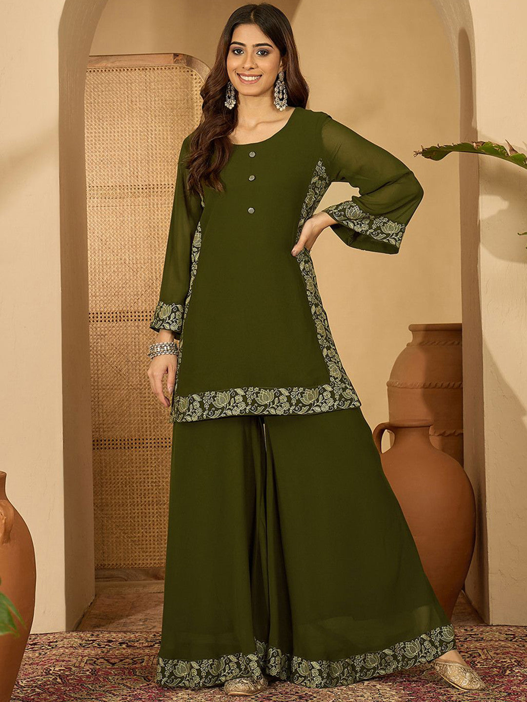 Foil Printed Straight Kurta With Palazzos