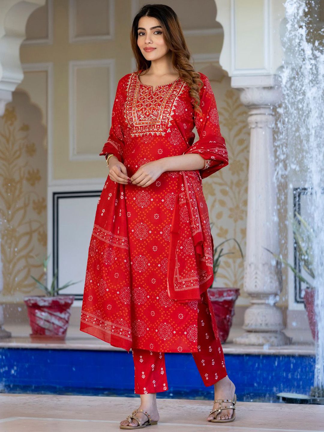 Dhiyona KL Bandhani Sequinned Embroidered Round Neck Pure Cotton Kurta with Trousers & Dupatta