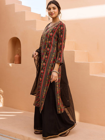 Ethnic Motifs Embroidered V-Neck Straight Kurta With Palazzos And Dupatta