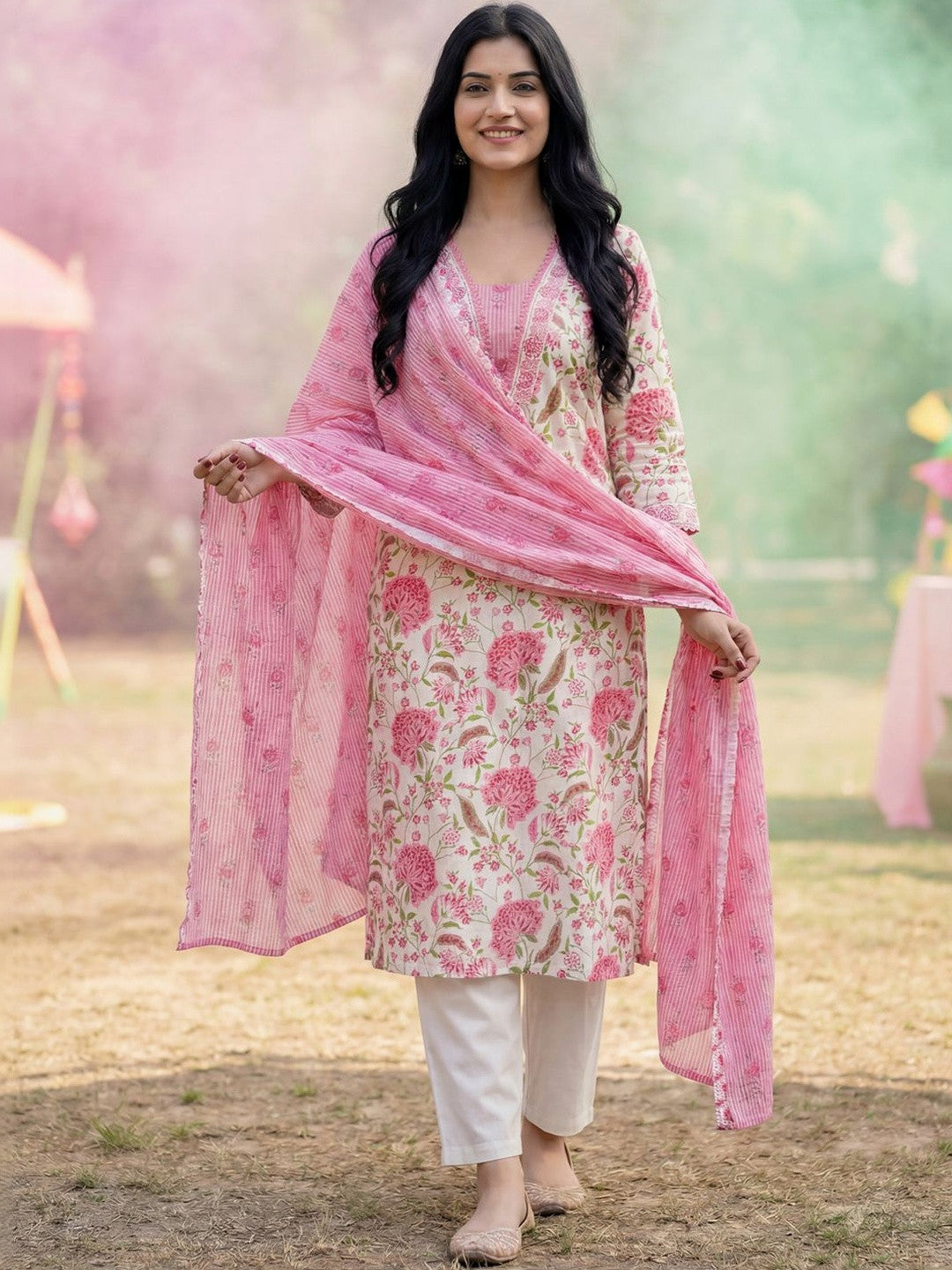 Women Floral Printed Regular Pure Cotton Kurta with Trousers & With Dupatta